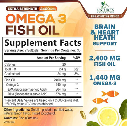 Triple Strength Omega 3 Fish Oil - 2400 mg Natural Omega-3 Supplements Support Brain, Heart & Joint Health with EPA & DHA Essential Fatty Acids - Lemon Flavor, Burpless, Wild Caught - 60 Softgels