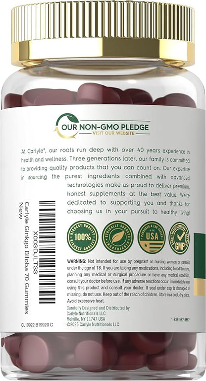 Carlyle Ginkgo Biloba 300mg | 70 Gummies | 45:1 Leaf Extract | with Peach Raspberry Flavor | Vegan, Non-GMO, Gluten Free Supplement