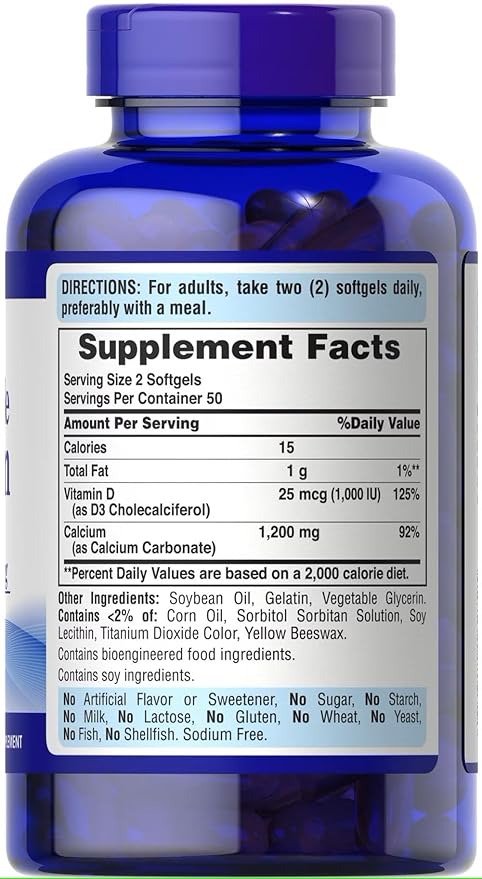 Puritan's Pride Absorbable Calcium 1200 mg Plus Vitamin D3 25mcg 1000 IU With Bone-Active, Dietary Supplement for Bone Strength, Heart, Nerve, Muscle, And Immune Support, 100 Rapid Release Softgels