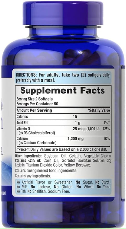 Puritan's Pride Absorbable Calcium 1200 mg Plus Vitamin D3 25mcg 1000 IU With Bone-Active, Dietary Supplement for Bone Strength, Heart, Nerve, Muscle, And Immune Support, 100 Rapid Release Softgels
