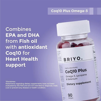 Briyo Highly absorbable CoQ10 100 mg Plus Omega-3 with Natural Form of Lycopene and Selenium, Heart Health Supplement (90 softgels)