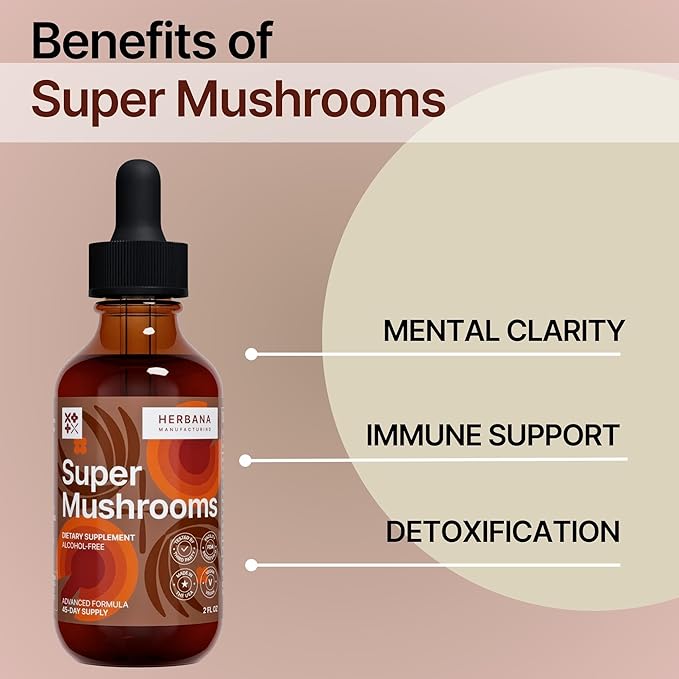 Super Mushrooms 8-in1 - 2 fl oz Liquid Extract - Brain Booster & Immune Support Drops - Reishi, Lion`s Mane, Cordyceps, Chaga, Mitake, Turkey Tails, Shiitake, Agaricus - High Potency - 45-Day Supply