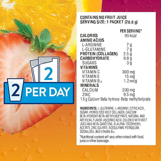Juven Therapeutic Nutrition Drink Powder Including Collagen Peptides, Amino Acids, and HMB For Wound Healing Support, Fruit Punch, 48 Packets