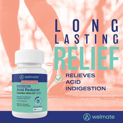 WELMATE - Famotidine Acid Reducer, 20mg - Maximum Strength - Heartburn Relief - Acid Indigestion - Stomach Relief - Works in 15 Minutes, 12 Hour Relief - Generic Medication - Value Size - 300 Tablets