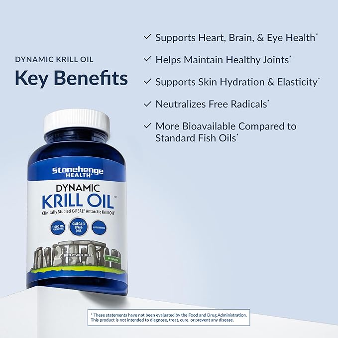 Stonehenge Health Dynamic Krill Oil 1600mg – Triple Strength Antarctic Omega-3 Supplement with EPA, DHA, Phospholipids & 2mg Astaxanthin – Supports Heart, Brain, Skin, Joint & Eye Health – 60 Softgels