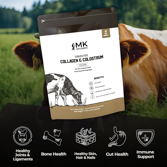 MK Supplements Grass-Fed Collagen & Colostrum Supplement, Chocolate (30 Servings) - Non-GMO, Gluten Free, Supports Gut Health, Immunity, Hair, Skin, Nails, Joints