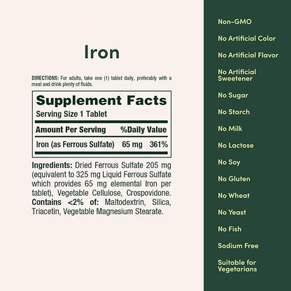 Nature's Bounty Iron 65mg, 325 mg Ferrous Sulfate, Cellular Energy Support, Promotes Normal Red Blood Cell Production, 100 Tablets