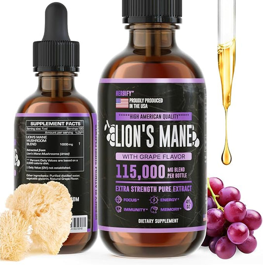 HERBIFY Lions Mane Supplement - Daily Mushroom Supplement for Memory, Focus & Clarity - Brain Booster - Lions Mane Tincture for Immune Support - 4 Fl oz Grape Flavor