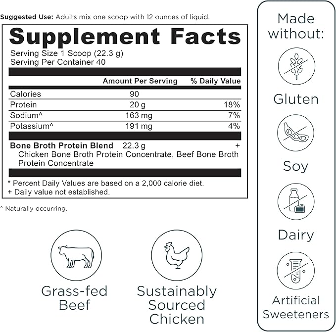 Ancient Nutrition Grass Fed, Cage Free, Bone Broth Protein Powder, 20g Protein, Hydrolyzed Collagen Peptides, Keto & Paleo Friendly, Supports Joint & Gut Health, Pure, 40 Servings