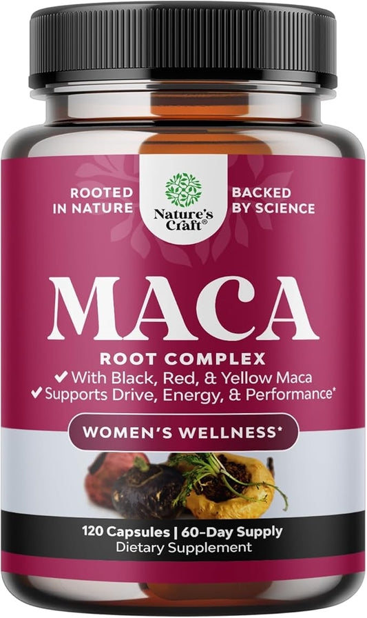 Organic Maca Root Capsules for Women - Potent Herbal Supplement with Female Enhancing Blend of Red Yellow & Black Maca Root - Non-GMO Certified Vegan and Gluten-Free with No Artificial Colors - 120ct