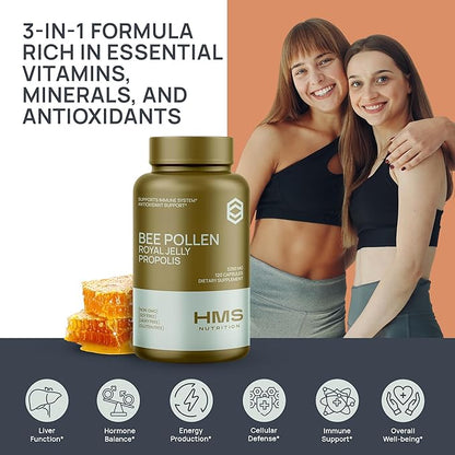 Premium Bee Pollen Daily Dietary Supplement - Includes Propolis & Royal Jelly - 3250mg Non-GMO, 120 Vegetarian Capsules - 30 Day Supply