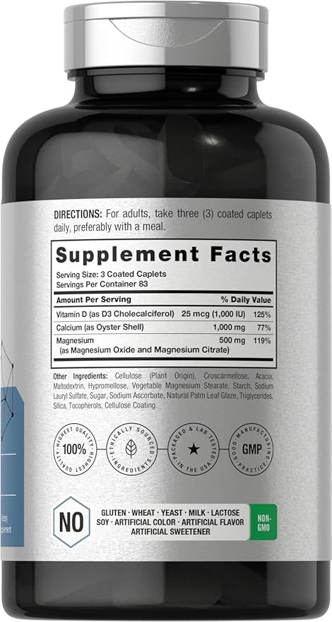 Horbäach Calcium Magnesium D3 Supplement | 1000 IU D3 | 250 Coated Caplets | Non-GMO & Gluten Free