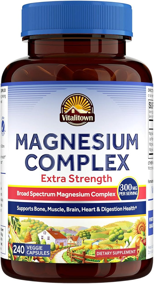 Vitalitown Magnesium Complex Supplement | 300mg Elemental Mag | Magnesium Citrate Glycinate Taurate Malate | Non-GMO, No Gluten, 240 Vegan Capsules for Bone Muscle Brain Heart