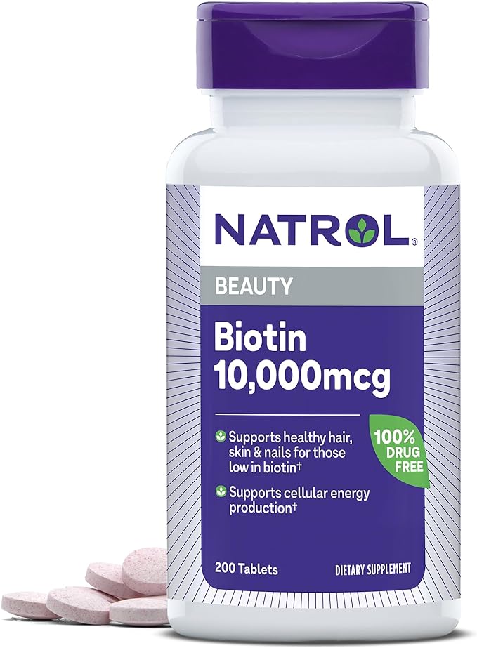 Natrol Biotin 10000mcg, Supplement for Healthy Hair, Skin and Nails for Those Low in Biotin, Plus Energy Metabolism Support, 200 Tablets, Up to a 200 Day Supply