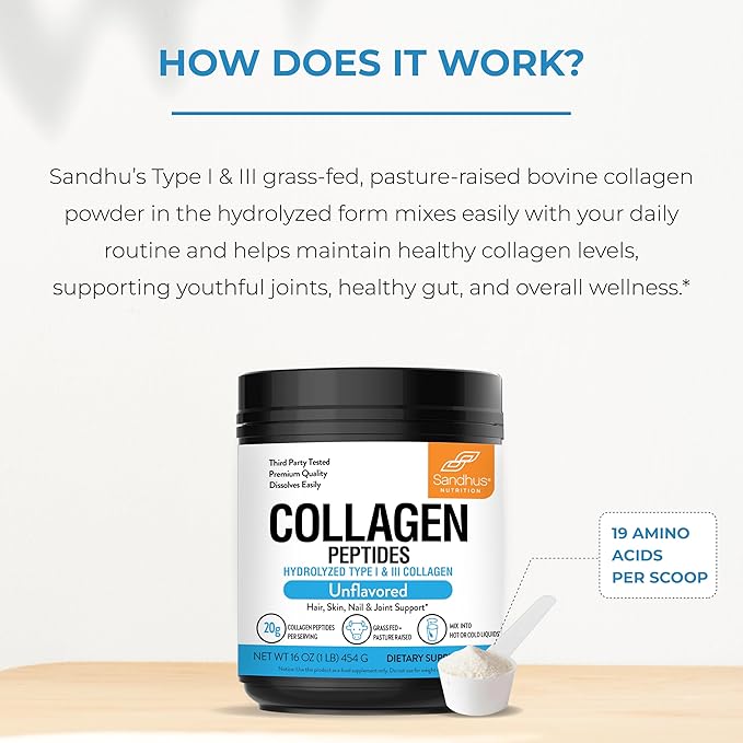 Sandhu's Collagen Peptides Powder|1 lb, 22 Servings Unflavored| Grass-Fed Hydrolyzed Bovine Collagen |Made in USA| Supports Youthful Skin, Hair, Nails, Mobility, Flexibility, Joint & Bone Health