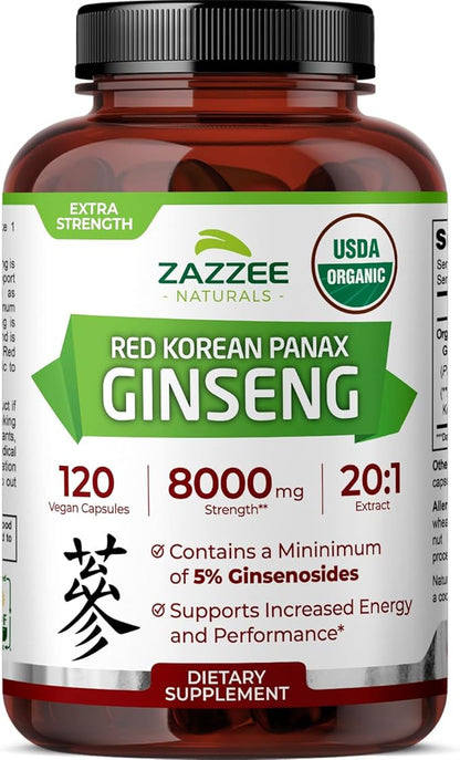 Zazzee USDA Organic Red Korean Panax Ginseng 20:1 Extract, 8000 mg Strength, 5% Ginsenosides, 120 Vegan Capsules, Standardized and Concentrated 20X Root Extract, 100% Vegetarian, All-Natural, Non-GMO