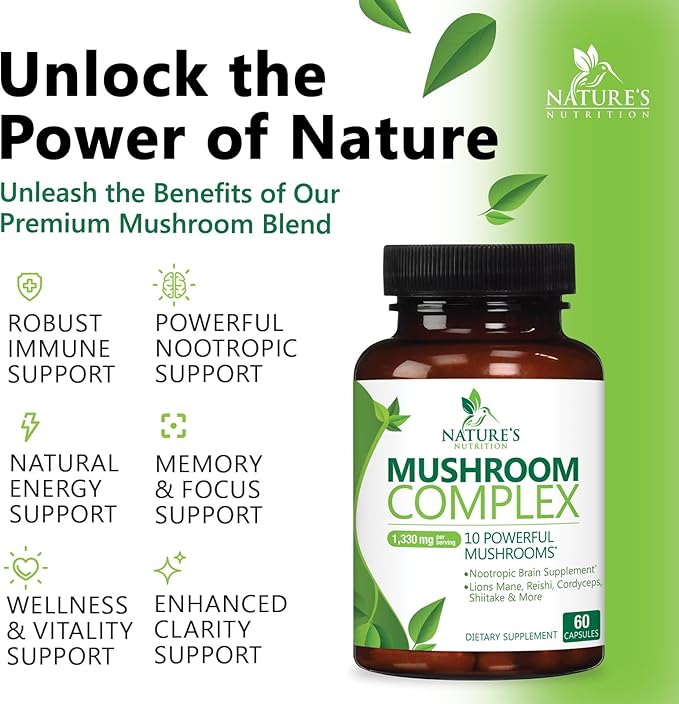Mushroom Supplement 10 in 1 High Strength Lions Mane Mushroom - Turkey Tail, Reishi, Cordyceps, Chaga & Mushrooms Nootropic Brain Supplements for Memory & Focus Support, Mushroom Complex, 60 Capsules
