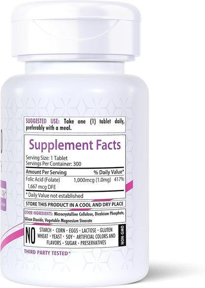 Folic Acid 1000mcg | 300 Veg Tablets | Vitamin B9 | Gluten-Free | Non-GMO | Made in USA
