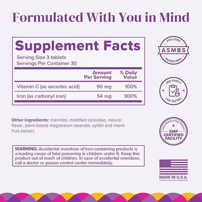 Barimelts Iron with Vitamin C, 90 Fast-Dissolving Tablets (1-Month Supply), Sugar-Free Bariatric Iron Supplement for Women, Natural Orange Flavor