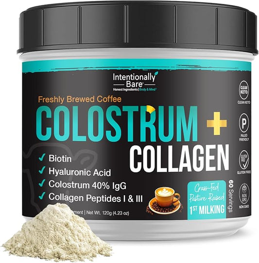 Intentionally Bare Colostrum and Collagen Powder - Colostrum Supplement with Biotin and Collagen Peptides - Colostrum Powder for Skin, Joint and Gut - Brewed Coffee Collagen Supplements 60 Servings