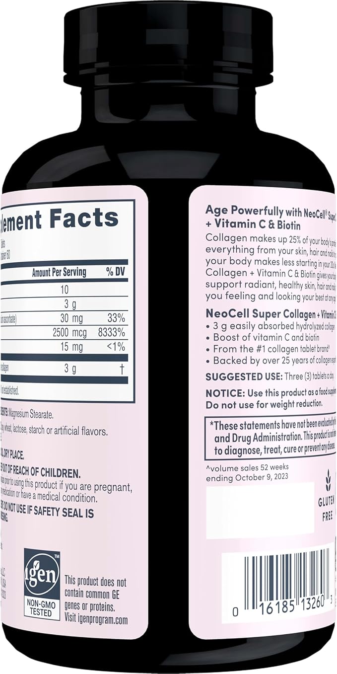 NeoCell Super Collagen With Vitamin C and Biotin, Skin, Hair and Nails Supplement, Includes Antioxidants, Tablet, 180 Count, 1 Bottle