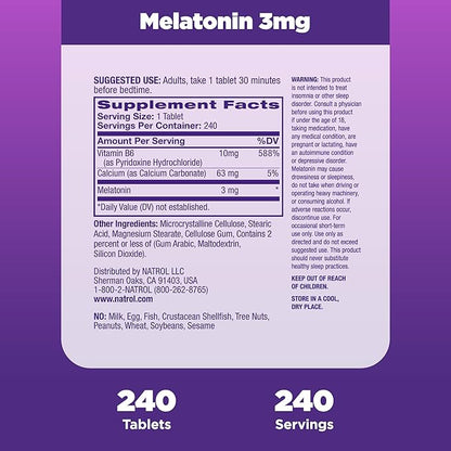 Natrol Melatonin 3 mg, Dietary Supplement for Restful Sleep, Sleep Supplements for Adults, 240 Melatonin Tablets, 240 Day Supply