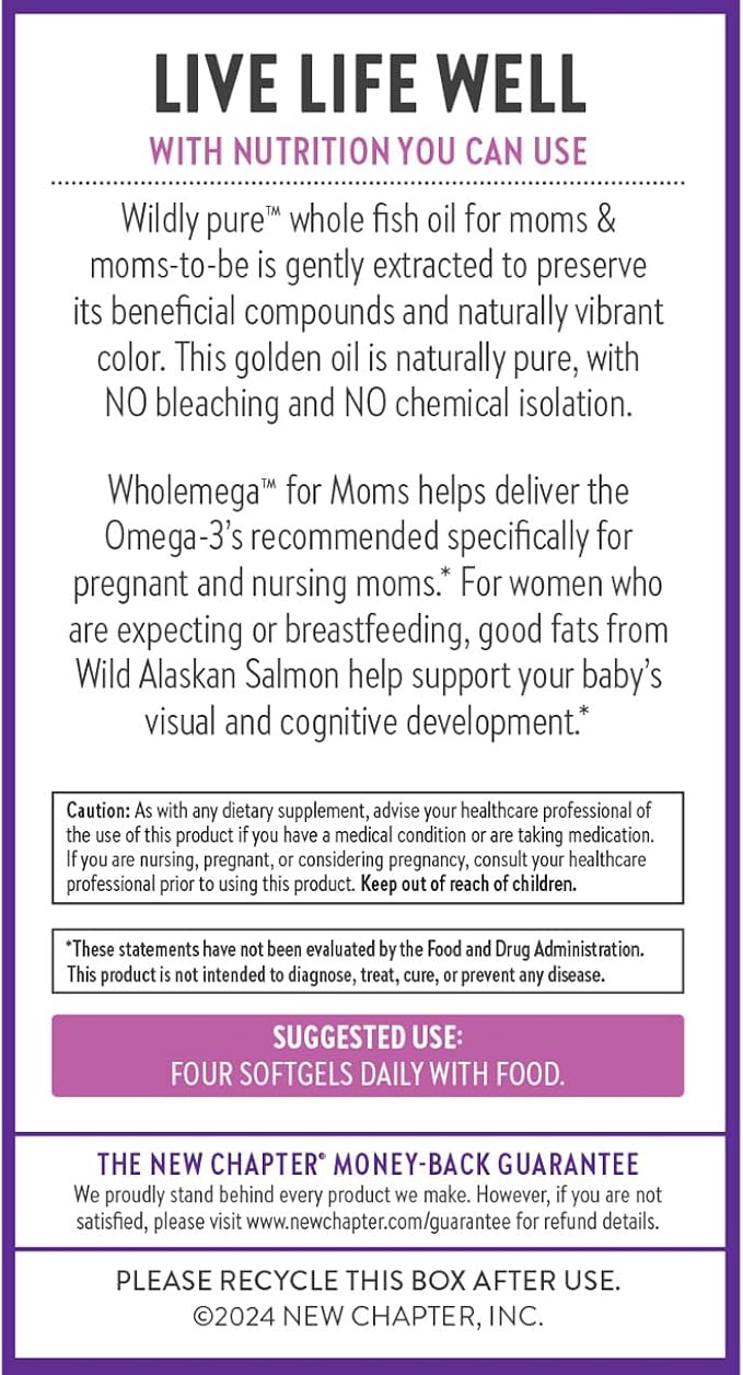 New Chapter Wholemega for Moms Fish Oil Supplement - Prenatal DHA with Omega-3 + Vitamin D3 for Prenatal & Postnatal Support - 180 ct, 500mg Softgels