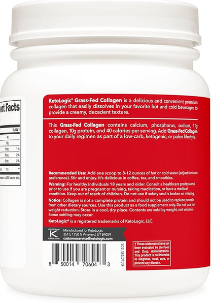 Ketologic Grass Fed Collagen Hydrolysate Powder (Unflavored) (1 LB) - 41 Servings, 11 G Collagen Per Serving, 10 G Protein Per Serving - Grass-fed Collagen Peptides