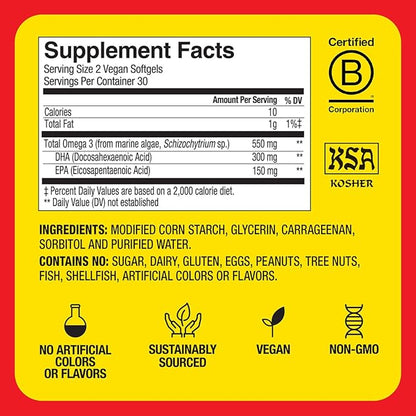 BRAGG Omega-3 Supplement Capsules with DHA and EPA - 60 Vegan Softgels - Sustainably-Sourced Marine Algae - Supports Eye and Brain Health
