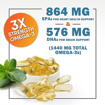 Triple Strength Omega 3 Fish Oil - 2400 mg Natural Omega-3 Supplements Support Brain, Heart & Joint Health with EPA & DHA Essential Fatty Acids - Lemon Flavor, Burpless, Wild Caught - 60 Softgels