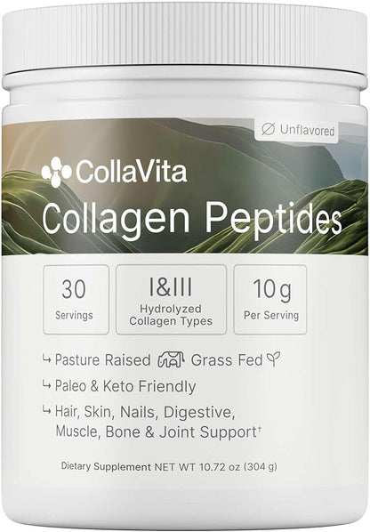 Collagen Peptides for Women & Men Grass-Fed Pasture-Raised Hydrolyzed Collagen Powder Type 1 & 3 for Skin, Hair, Nails and Joints, Non-GMO, Paleo & Keto, Unflavored,10 Fl oz. 30 Servings