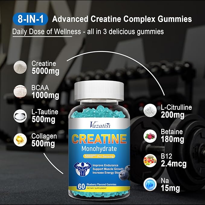 2 Pack Creatine Monohydrate Gummies for Women & Men, Sugar Free Vegan Creatine Supplement for Build Muscles, Increase Energy & Strength, Blueberry Flavor, 120 Count