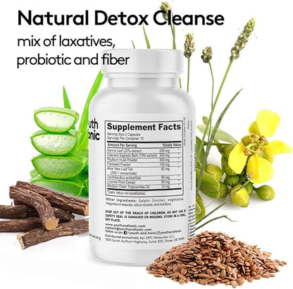 Youth & Tonic Overnight Intestinal Cleanse Supplement - Natural Constipation Relief for Men & Women with Senna Leaf, Psyllium Husk, Cascara Sagrada & Fibre - 30 Capsules. Can Be Strong for Some People