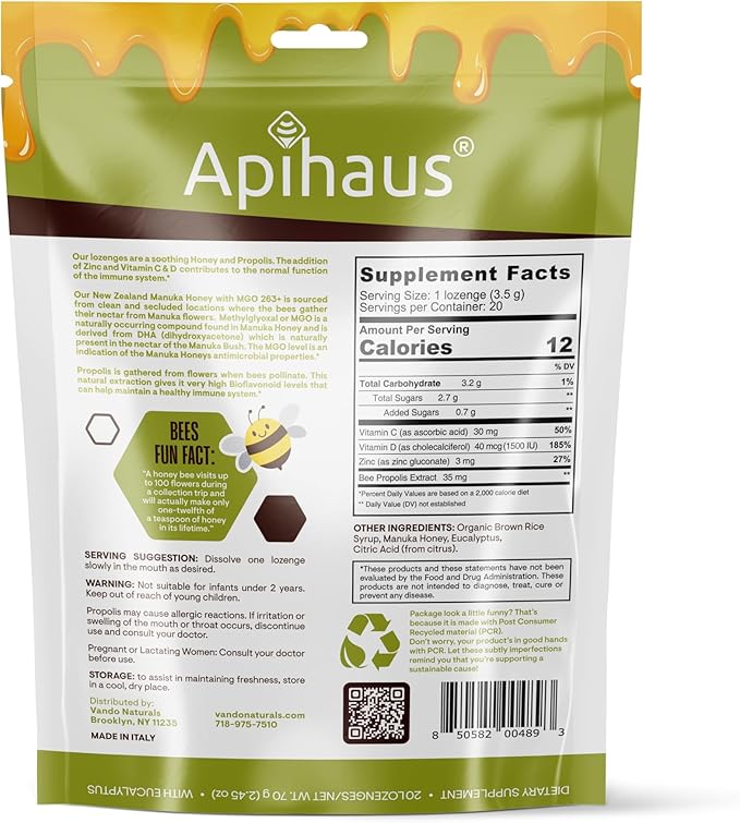 Manuka Honey and Propolis Lozenges Eucalyptus Flavor, Freshens Breath - Soothes a Throat- Immune Support with Vitamin C, Vitamin D and Zinc, 20 Count