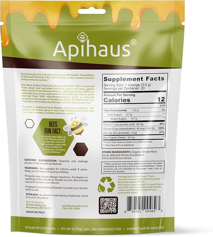 Manuka Honey and Propolis Lozenges Eucalyptus Flavor, Freshens Breath - Soothes a Throat- Immune Support with Vitamin C, Vitamin D and Zinc, 20 Count