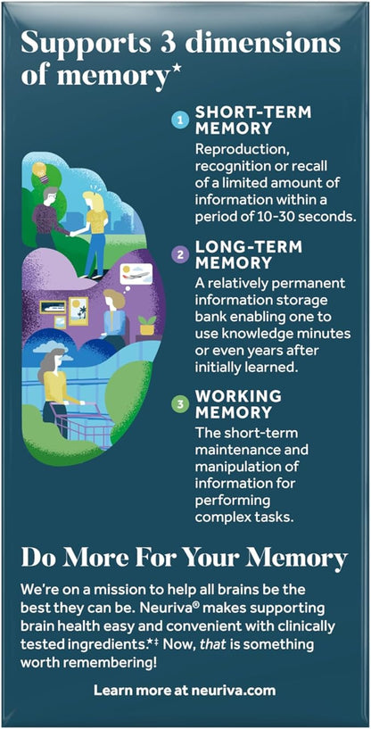 NEURIVA Memory 3D Brain Supplement - Decaffeinated Nootropic Capsules for Memory & Cognitive Function - Short Term, Long Term, & Working Memory Support - 50ct