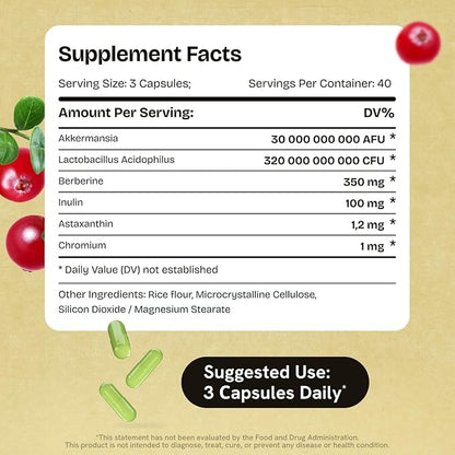 Akkermansia Muciniphila Probiotics 320 Billion CFU| GLP-1 Probiotic and Prebiotic | Akkermansia Probiotics for gut health | Inulin Prebiotic Fiber Capsules Astaxanthin & Berberine & Chromium 120 count