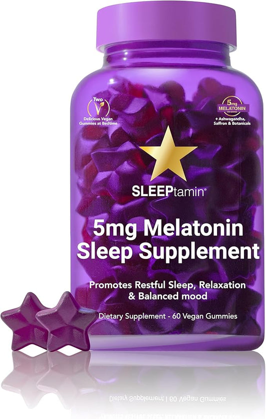 SLEEPtamin Melatonin Gummies 5mg | Infused with Chamomile & Ashwagandha for Relaxation | Promotes Restful Sleep, Balanced Mood, Stress Relief & Enhanced Relaxation | 60 Vegan Gummies
