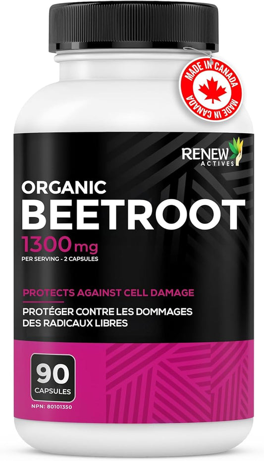 Renew Actives Organic Beetroot Supplement 1300MG per 2 Capsules - Pure Beetroot Powder for Circulation, Natural Energy, & Antioxidant Benefits - High-Potency Superfood, Made in Canada - 90 Capsules