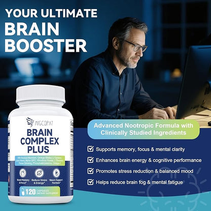 2-Pack Brain Supplements for Memory & Focus | Nootropic with Bacopa, Lion's Mane, Alpha GPC | Mental Clarity & Cognitive Support | Vitamin B6 & B12 – 240 Caps (120/Bottle)