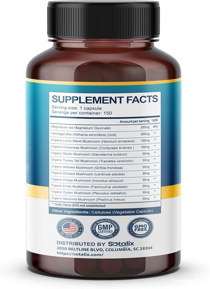SOTALIX Mushroom Supplement 10 in 1 with Lion's Mane, Cordyceps, Reishi, Turkey Tail, for Immunity Booster, Memory, Strength and Energy - USA Made & Tested (150 Count (Pack of 1))