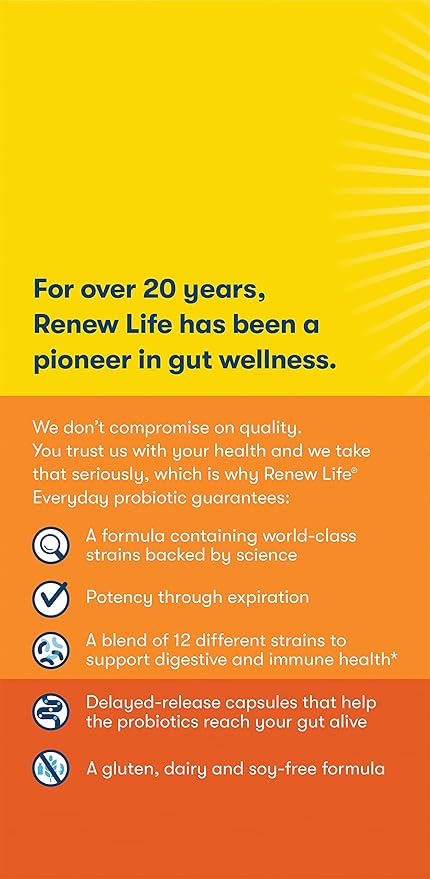 Renew Life Everyday Probiotic Capsules, Daily Supplement Supports Urinary, Digestive and Immune Health, L. Rhamnosus GG, Dairy, Soy and gluten-free, 15 Billion CFU, 30 Count