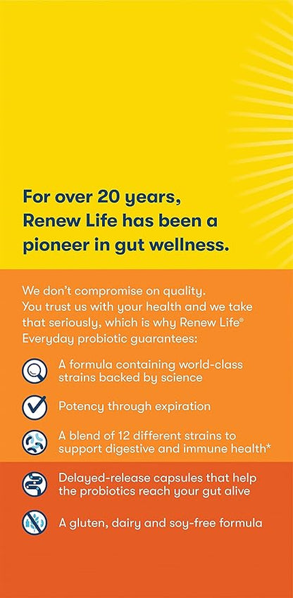 Renew Life Everyday Probiotic Capsules, Daily Supplement Supports Urinary, Digestive and Immune Health, L. Rhamnosus GG, Dairy, Soy and gluten-free, 15 Billion CFU, 30 Count