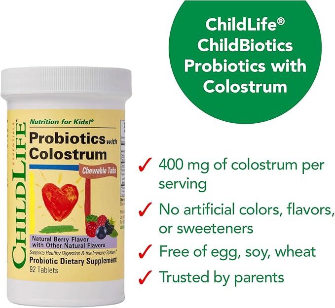 CHILDLIFE ESSENTIALS ChildBiotics with Colostrum- Probiotics for Kids, Probiotics for Digestive Health, Chewables, Children's Probiotic, Colostrum for Kids - Natural Berry, 92 Tablets (Pack of 2)