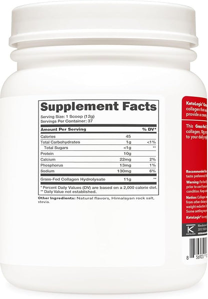 Ketologic Grass Fed Collagen Hydrolysate Powder (Vanilla) (1 LB) - 37 Servings, 11 G Collagen Per Serving, 10 G Protein Per Serving - Grass-fed Collagen Peptides