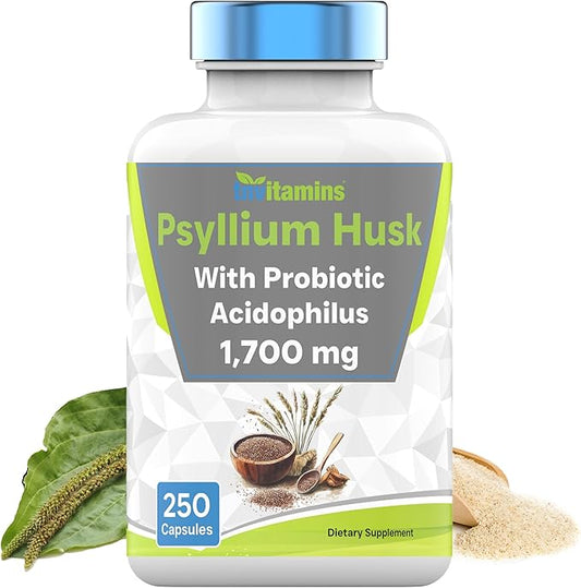 Psyllium Husk Capsules | 1700 MG - 250 Capsules | with Probiotic Acidophilus | Extra Strength Soluble & Dietary Fiber Supplement | Supports Digestive Health
