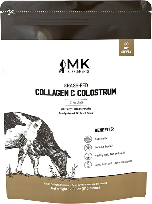 MK Supplements Grass-Fed Collagen & Colostrum Supplement, Chocolate (30 Servings) - Non-GMO, Gluten Free, Supports Gut Health, Immunity, Hair, Skin, Nails, Joints