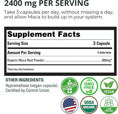 Peruvian Naturals Organic Maca Root Capsules for Women & Men 2400mg per Serving - 300 Pills of Black, Red, Yellow Maca Supplement - Gelatinized Macaroot, Non-GMO, Vegan (2 Pack)