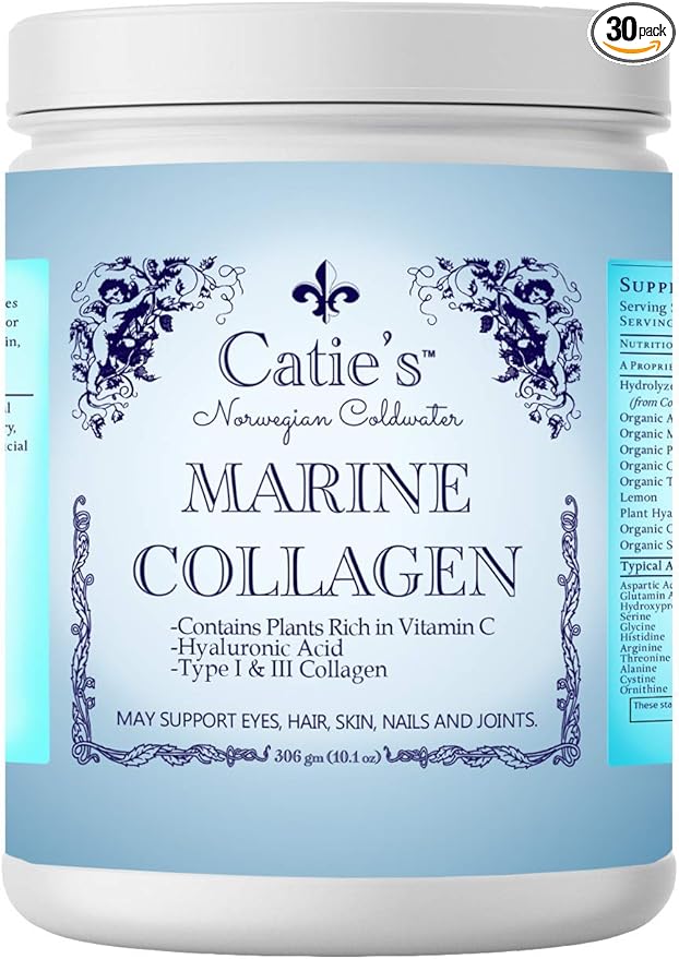 Catie's Marine Collagen- Premium Wild Caught Collagen (Type 1 & 3) from Cold Water Nordic Cod w/Plant Based Vitamin C, Hyaluronic Acid + Herbs! Non GMO. 30 Day Supply.
