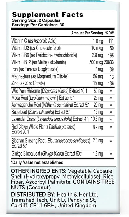 Health & Her Perimenopause Supplement for Women – The UK’s No.1 Perimenopause Supplement - Multi-Nutrient Wellbeing Support for Early Stage of Menopause, Vegan, Gluten-Free, Non GMO (60 ct - 1 Month)
